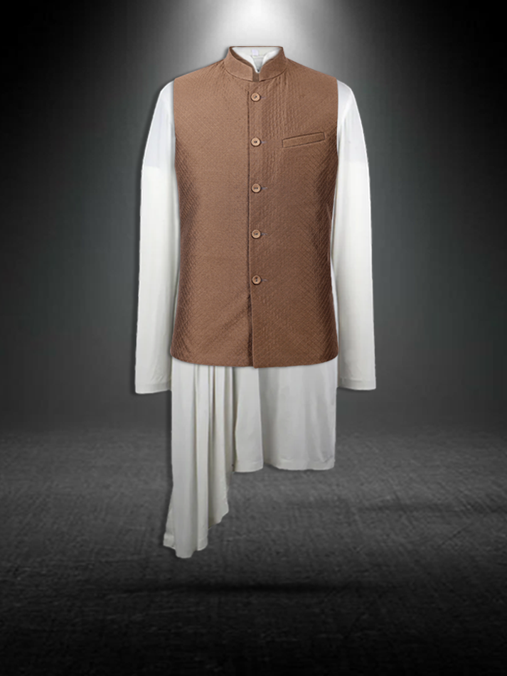 Khaki Silk Quilted Nehru jacket