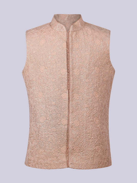 Peach self thread Embroidery Nehru Jacket