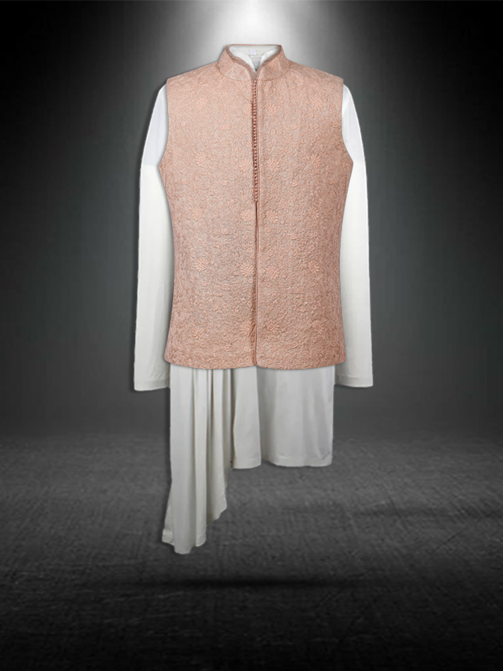 Peach self thread Embroidery Nehru Jacket