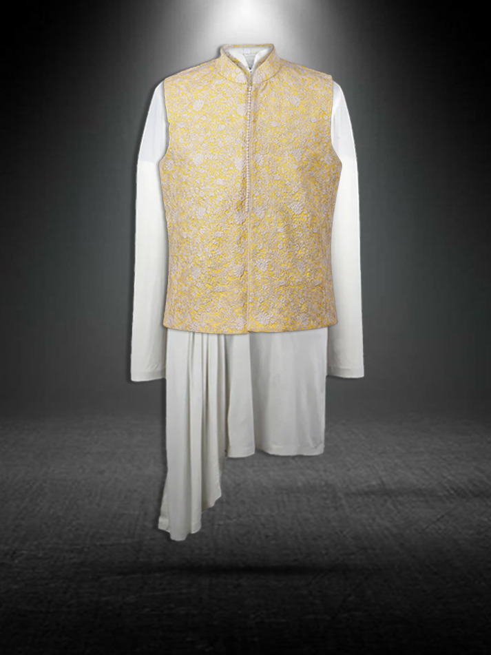 Yellow self thread Embroidery Nehru Jacket