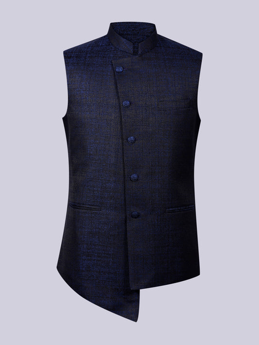 Metallic blue asymmetrical Cut Nehru jacket