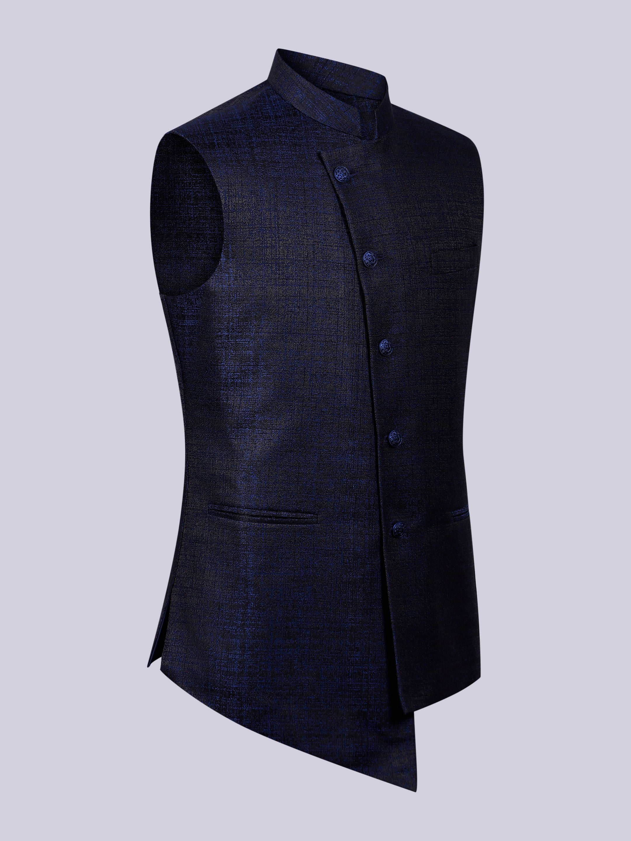 Metallic blue asymmetrical Cut Nehru jacket