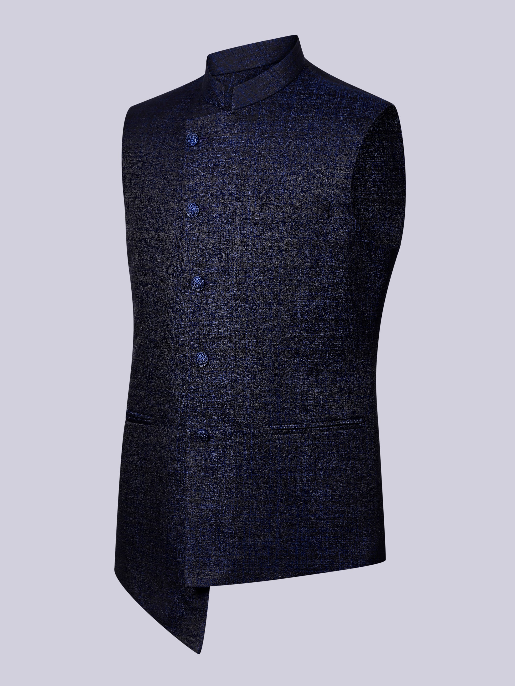 Metallic blue asymmetrical Cut Nehru jacket