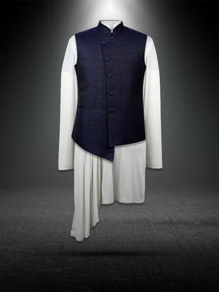 Metallic blue asymmetrical Cut Nehru jacket