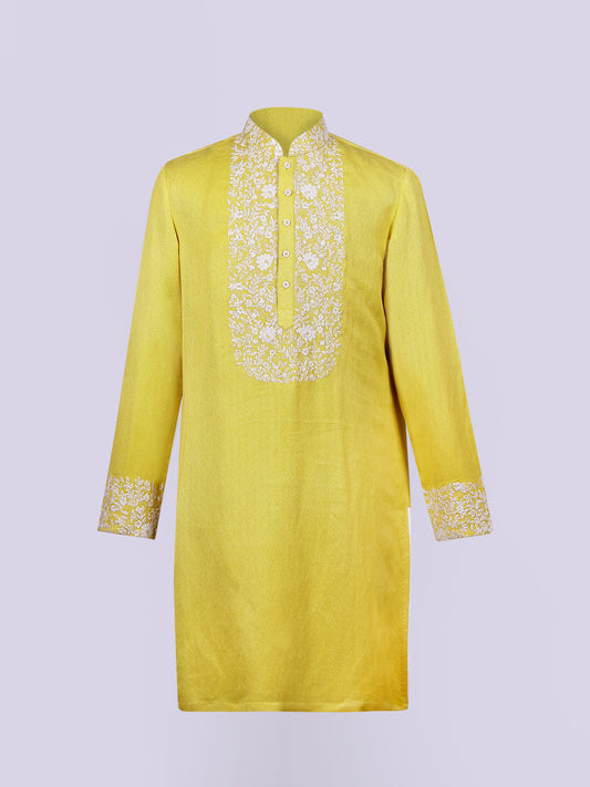 Yellow twill soft fabric with offwhite contrast thread Embriodery kurta