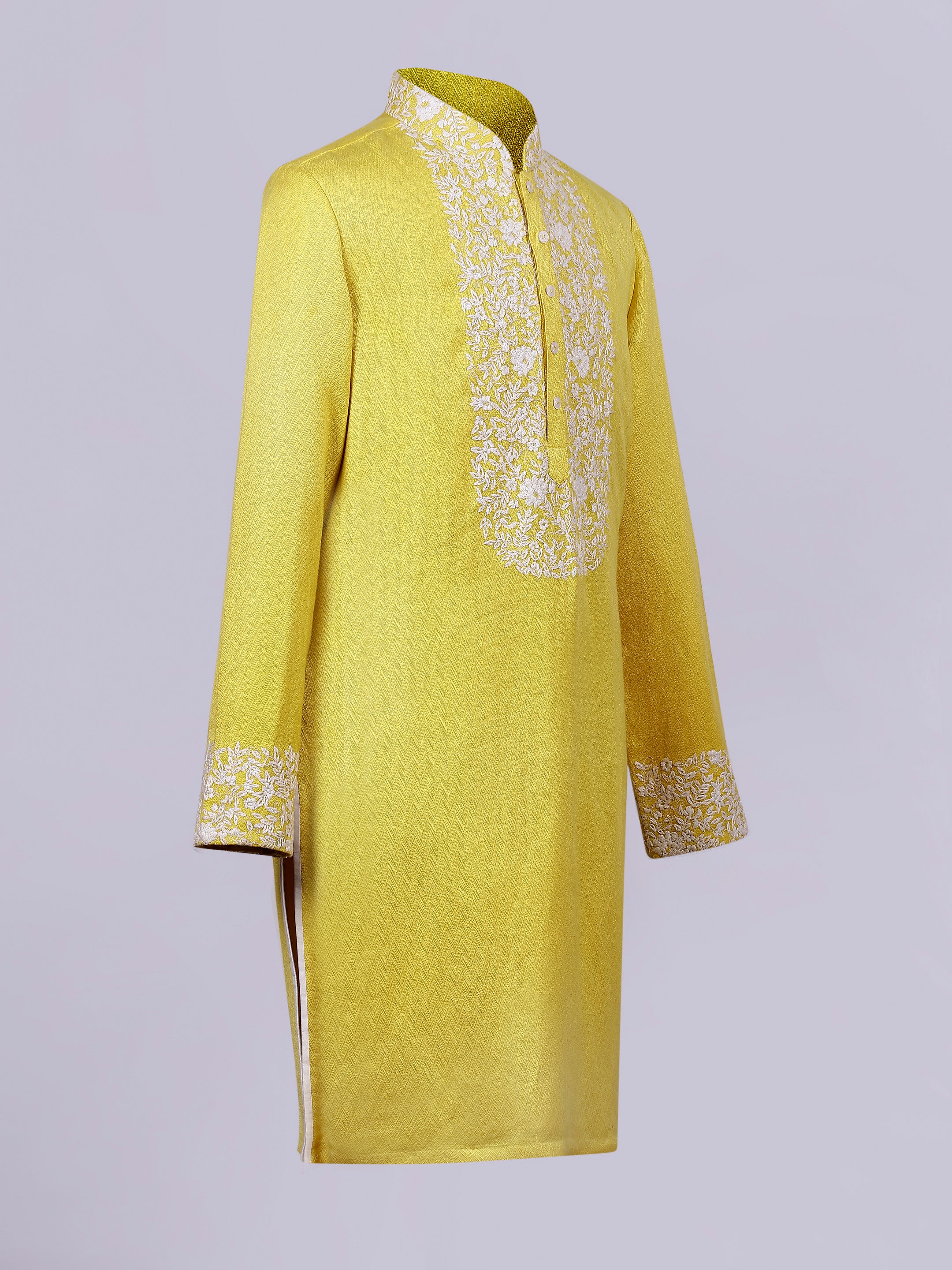 Yellow twill soft fabric with offwhite contrast thread Embriodery kurta