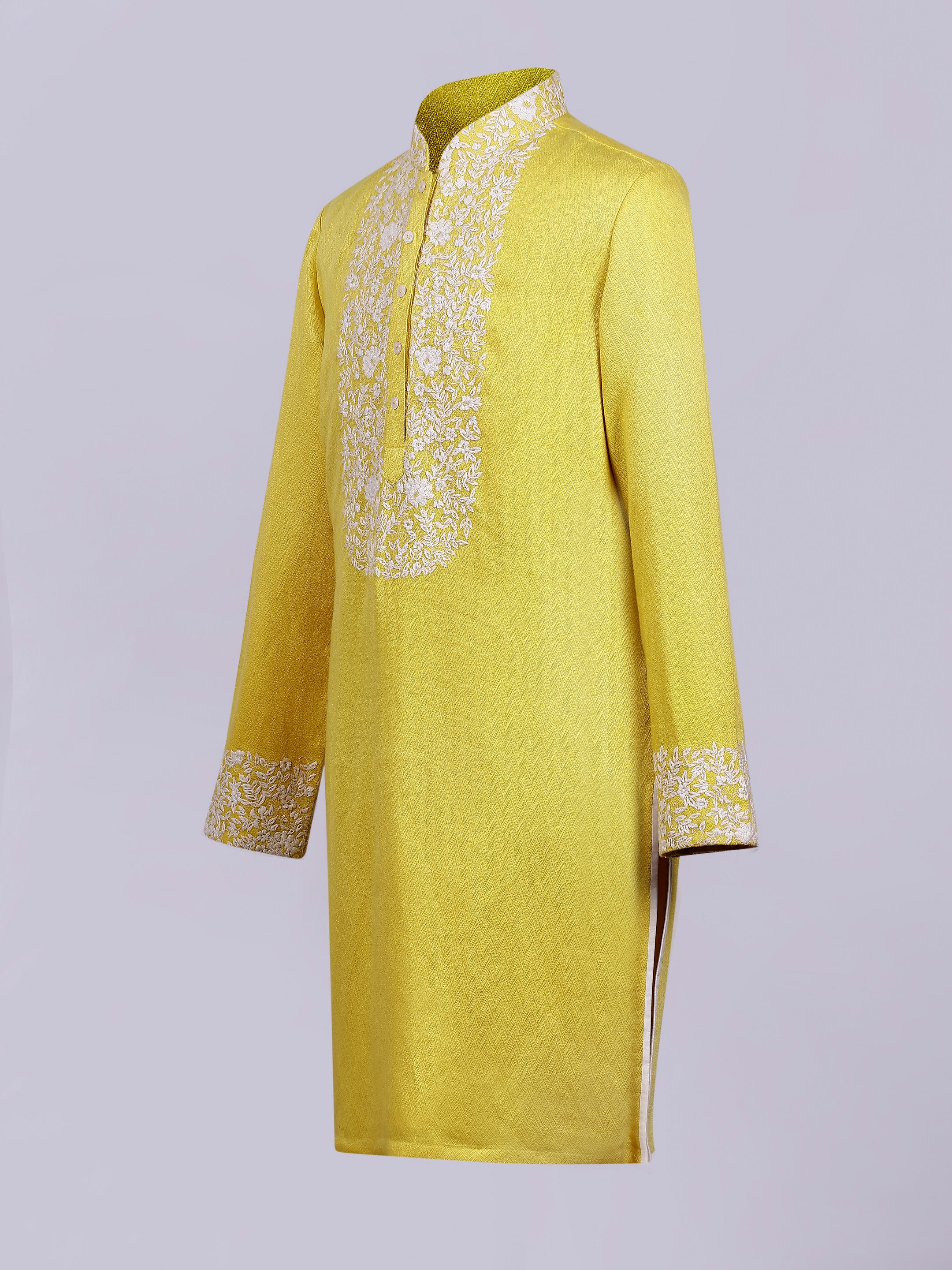 Yellow twill soft fabric with offwhite contrast thread Embriodery kurta