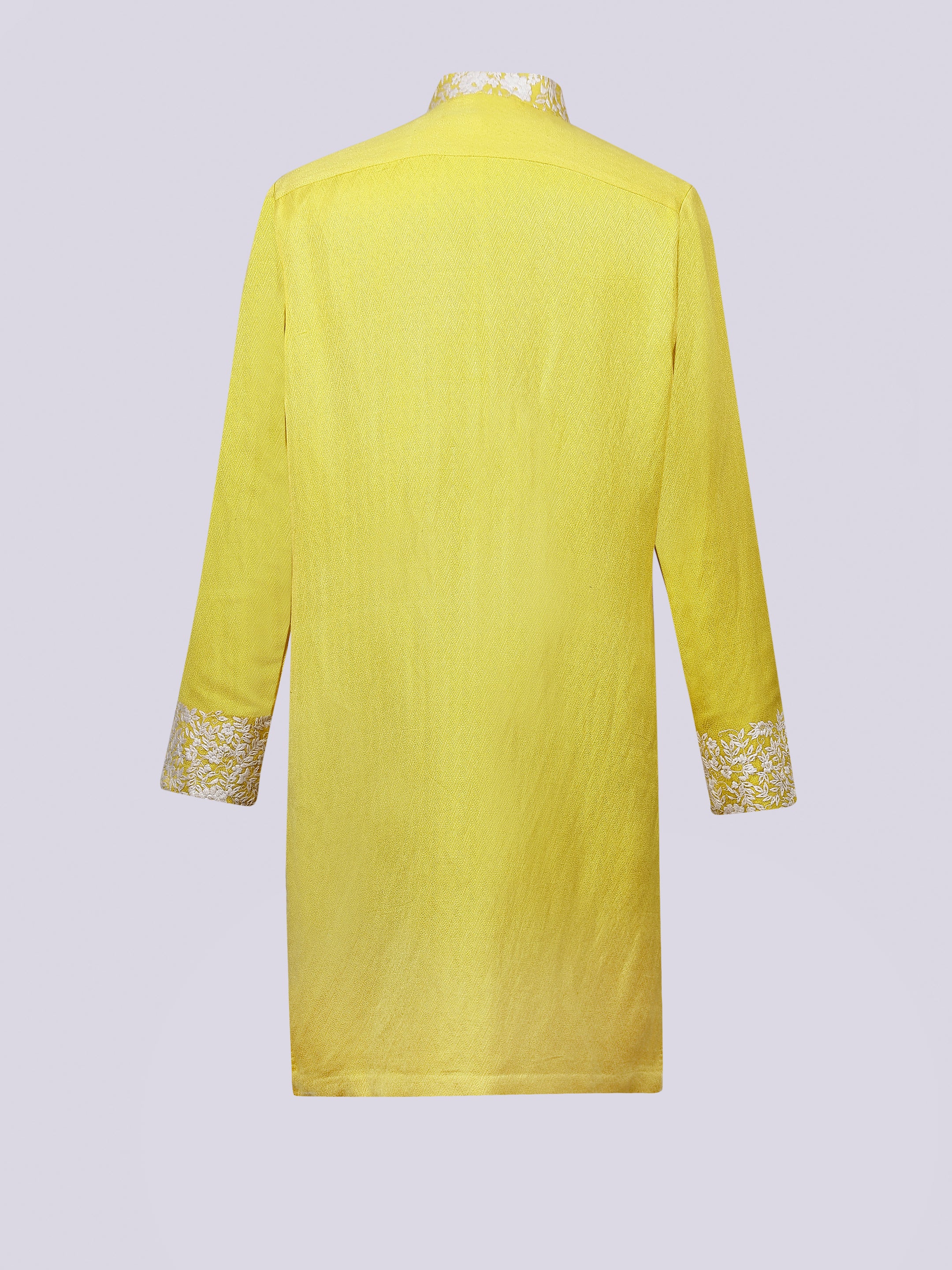 Yellow twill soft fabric with offwhite contrast thread Embriodery kurta